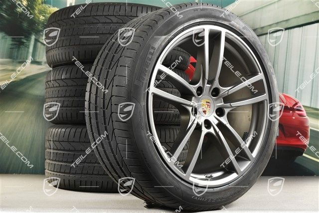 21-inch Cayenne Turbo summer wheel set, rims 9,5J x 21 ET46 + 11,0J x 21 ET49 + Pirelli P Zero summer tyres 285/40 R21 + 315/35 R21, Platinum satin matt