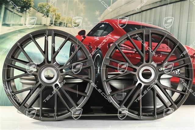 21" Felgi Panamera Turbo S, komplet, centralnie mocowane, 9,5J x 21 ET71 + 10,5J x 21 ET71, Turbonite