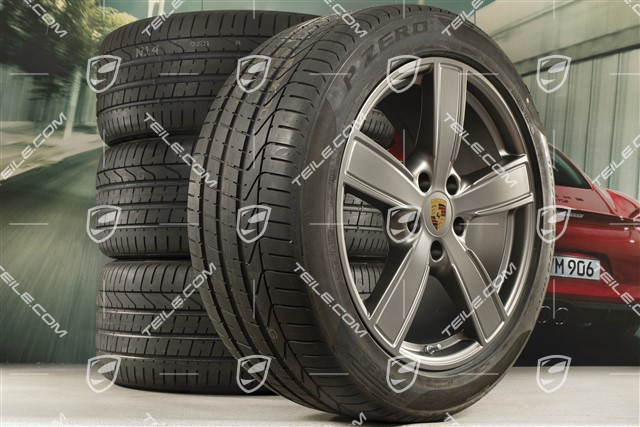 20-inch Cayenne Sport Classic summer wheel set, rims 9J x 20 ET50 + 10,5J x 20 ET64 + NEW Pirelli summer tyres 275/45 R20 (110)Y XL + 305/40 R20 (112)Y XL, with TPMS, Platinum Satin-Matt