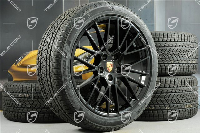 21" koła zimowe Cayenne COUPÉ RS Spyder, komplet, felgi 9,5J x 21 ET46 + 11,0J x 21 ET49 + opony zimowe Pirelli 275/40 R21 + 305/35 R21, z czujnikami ciśnienia, czarny wysoki połysk