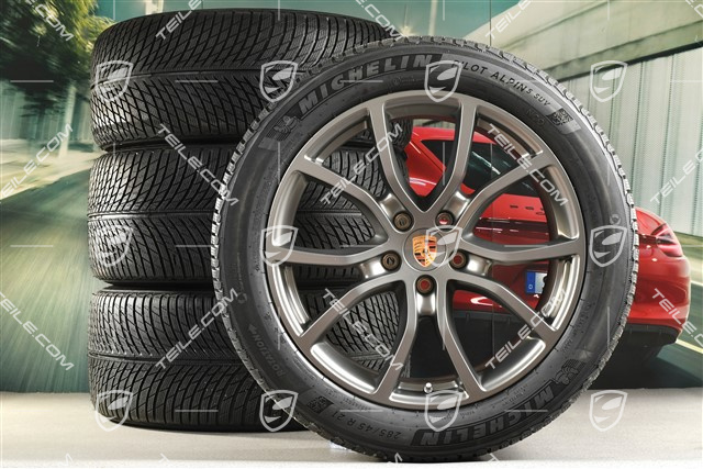 21-inch Cayenne COUPE Exclusive Design winter wheel set, rims 9,5J x 21 ET46 + 11,0J x 21 ET49 + NEW Michelin Pilot Alpin 5 SUV winter tyres 285/45 R21 + 305/40 R21, with TPMS, Platinum satin-mat