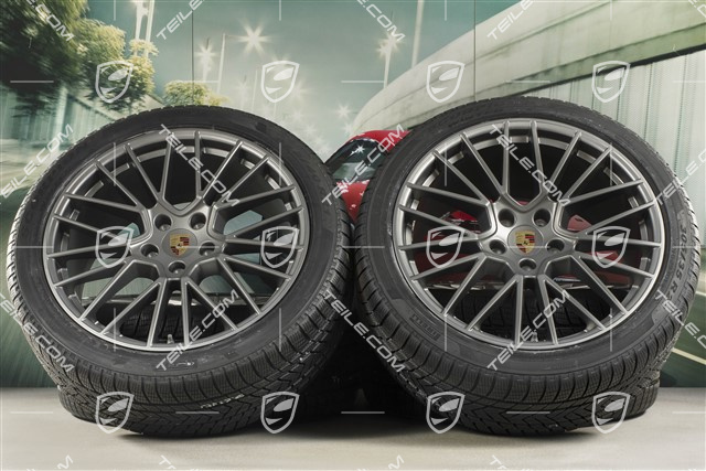 21" koła zimowe Cayenne COUPÉ RS Spyder, komplet, felgi 9,5J x 21 ET46 + 11,0J x 21 ET49 + opony zimowe Pirelli 275/40 R21 + 305/35 R21, z czujnikami ciśnienia, Platinum satynowy półmat