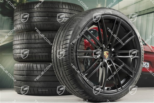 22" koła letnie Cayenne Coupé Turbo IV, komplet, felgi 10J x 22 ET48 + 11,5J x 22 ET52 + NOWE opony letnie Pirelli P Zero 285/35 R22 + 315/30 R22, z czujnikami ciśnienia, czarny satynowy półmat