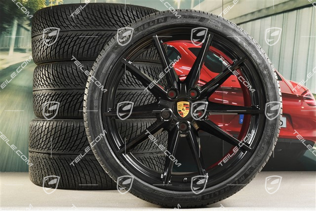 20"+21" Carrera S Winterräder Satz, Felgen 8,5J x 20 ET53 + 11J x 21 ET66 + Michelin Winterreifen 245/35 R20 + 295/30 R21, in Schwarz Hochglanz