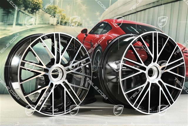 21" Felgi Panamera Turbo S, komplet, centralnie mocowane, 9,5J x 21 ET71 + 10,5J x 21 ET71, czarny wysoki połysk