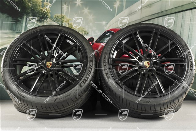 22" koła letnie Cayenne Coupé Turbo IV, komplet, felgi 10J x 22 ET48 + 11,5J x 22 ET52 + NOWE opony letnie Pirelli P Zero 285/35 R22 + 315/30 R22, z czujnikami ciśnienia, czarny satynowy półmat