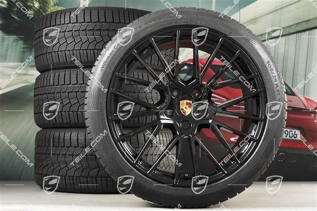 21" koła zimowe Cayenne COUPÉ RS Spyder, komplet, felgi 9,5J x 21 ET46 + 11,0J x 21 ET49 + NOWE opony zimowe Continental 275/40 R21 + 305/35 R21, z czujnikami ciśnienia, czarny wysoki połysk