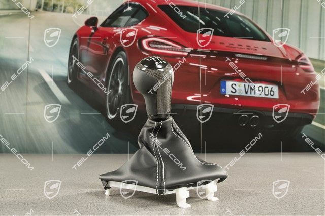 911 R, Schalthebelknopf, Leder mit Grauer Faden / Carbon, 6-gang Schaltgetriebe