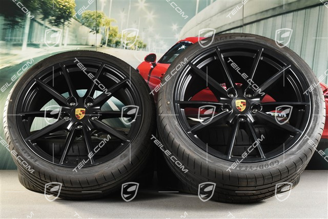 20"+21" Sommerräder Satz Carrera S, Felgen 8,5J x 20 ET53 + 11,5J x 21 ET67 + Sommerreifen 245/35 R20 + 305/30 R21, mit RDK-Sensoren, schwarz seidenmatt, DOT 2019
