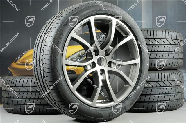 21" koła letnie Cayenne Exclusive Design, komplet, felgi 9,5J x 21 ET46 + 11,0J x 21 ET58 + opony letnie Pirelli P Zero 285/40 R21 + 315/35 R21, z czujnikami ciśnienia, Platinum półmat satyna