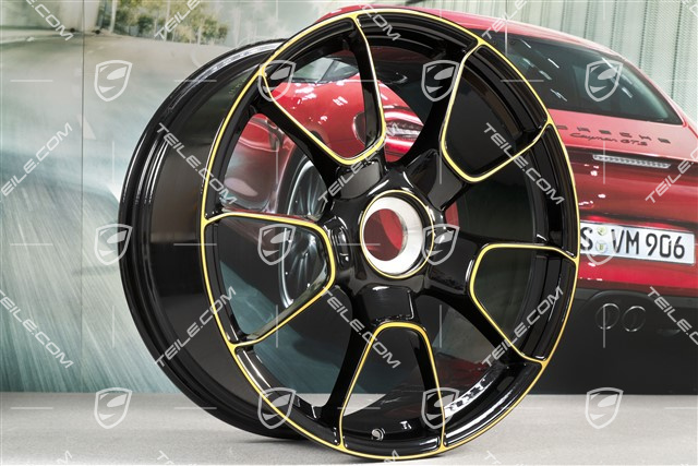 20" Zentralverschluss Felgensatz, 911 Turbo S Exclusive Design, 9J x 20 ET51 + 11,5J x 20 ET56, schwarz/goldgelb