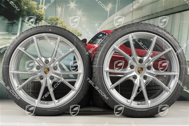 20" Carrera S summer wheels set, rims 8J x 20 ET57 + 10J x 20 ET45 + NEW GoodYear summer tires 235/35 ZR20 + 265/35 ZR20, silver, with TPMS
