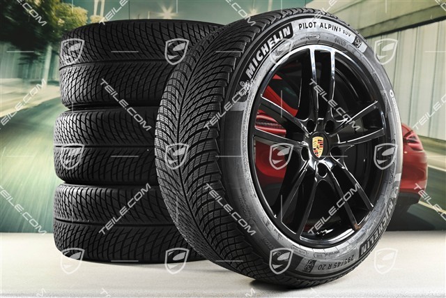 20" Cayenne Sport Winterräder Satz, Felgen 9J x 20 ET50 + 10,5J x 20 ET55 + NEUE Michelin Winterreifen 255/55 R20 + 295/45 R20, mit RDK-Sensoren, in Schwarz Hochglanz