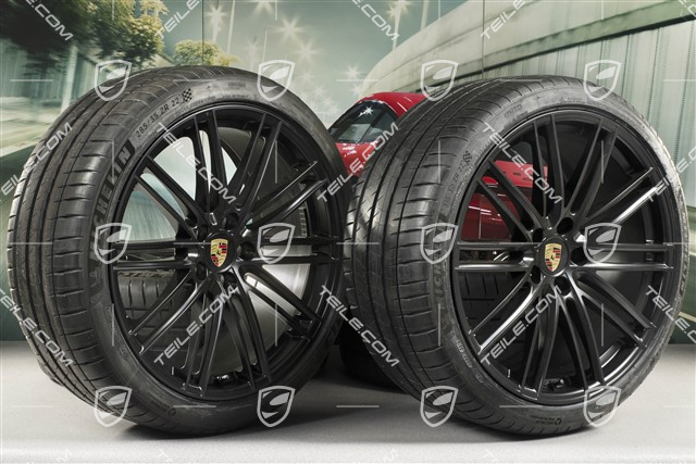 22" koła letnie Cayenne Coupé Turbo IV, komplet, felgi 10J x 22 ET48 + 11,5J x 22 ET52 + NOWE opony letnie Pirelli P Zero 285/35 R22 + 315/30 R22, z czujnikami ciśnienia, czarny satynowy półmat