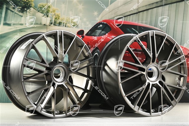 21" Felgi Panamera Turbo S, komplet, centralnie mocowane, 9,5J x 21 ET71 + 10,5J x 21 ET71, Turbonite