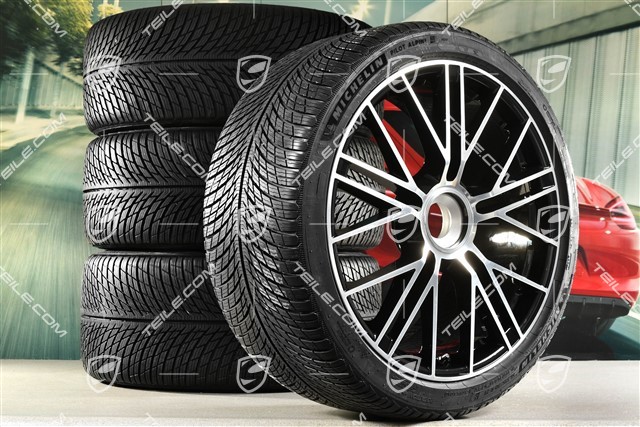21" Panamera Turbo S Winterräder Satz, Zentralverschluss, Felgen 9,5J x 21 ET71 + 10,5J x 21 ET71 + NEUE Michelin Pilot Alpin 5 Winterreifen 275/35 R21 + 315/30 R21, Schwarz Hochglanz