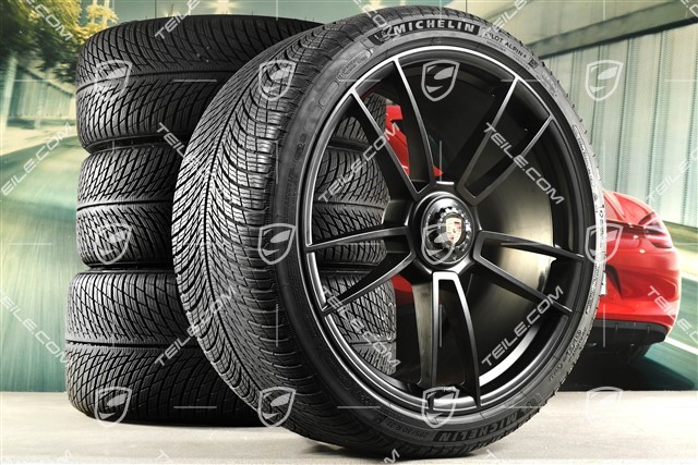 20+21-inch GTS "Turbo S" winter wheel set, central lock rims 8,5J x 20 ET50 + 11J x 21 ET66 + Michelin winter tyres 245/35 R20 + 295/30 R21, DOT/prod.year 2022, tyres profile 7mm, black satin matt