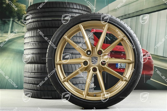 20"+21" "Carrera S" Sommerräder Satz, Felgen 8,5J x 20 ET53 + 11,5J x 21 ET67 + NEUE Sommerreifen 245/35 R20 + 305/30 R21, mit RDK-Sensoren, Aurum seidenmatt