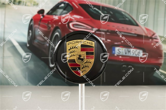 Wheel hub cap, crest coloured, Matte Black/ Glossy black outer ring
