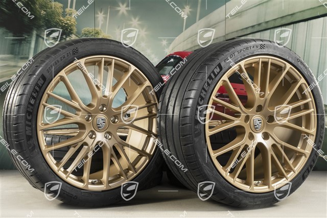 21" Panamera Exclusive Design Sport Sommerräder Satz, Felgen 9,5J x 21 ET71 + 11,5J x 21 ET69 + Michelin Sommerreifen 275/35 R21 + 325/30 R21, mit RDK-Sensoren, in Aurum Seidenmatt