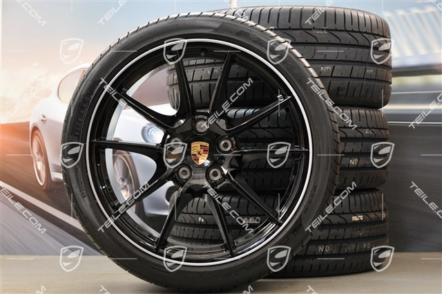 20" Carrera S (III) Sommerräder Satz, 8J x 20 ET57 + 9,5J x 20 ET45, Pirelli Reifen 235/35 ZR20 + 265/35 ZR20, Felgenstern in Schwarz (Hochglanz), mit RDK-Sensoren