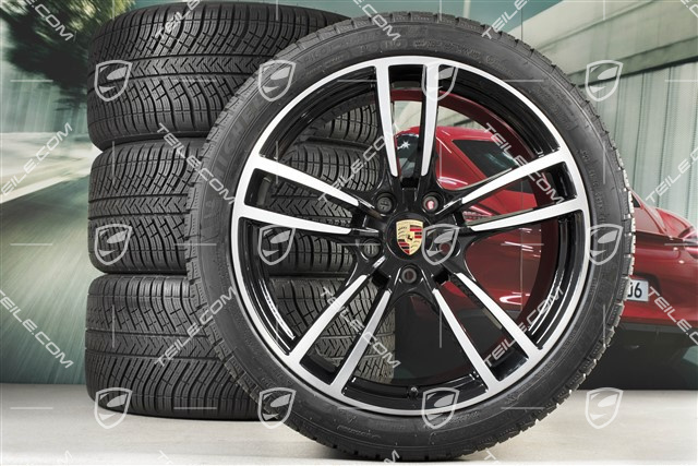 21" koła zimowe Cayenne Turbo, komplet, felgi 9,5J x 21 ET46 + 11,0J x 21 ET58 + NOWE opony zimowe Michelin 275/40 R21 + 305/35 R21, z czujnikami ciśnienia, czarny wysoki połysk