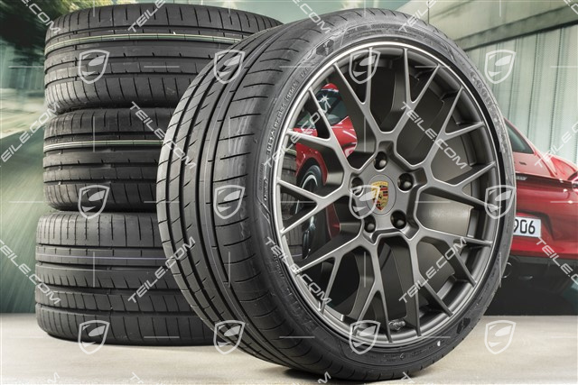 20+21-inch summer wheel set RS Spyder Design, rims 8,5J x 20 ET53 + 11,5J x 21 ET67 + Goodyear summer tyres 245/35 R20 + 305/30 R21, with TPM, platinum satin matt
