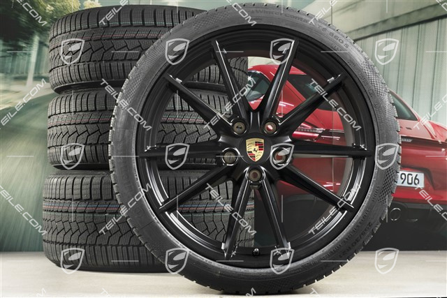 20"+21" Carrera S Winterräder Satz, Felgen 8,5J x 20 ET53 + 11J x 21 ET66 + NEUE Continental Winterreifen 245/35 R20 + 295/30 R21, in Schwarz Seidenmatt