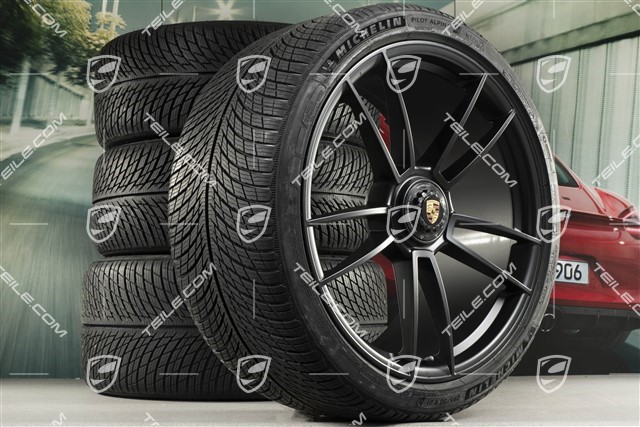 20"+21" GTS komplet kół zimowych "Turbo S", felgi centralnie mocowane 8,5J x 20 ET50 + 11J x 21 ET66 + NOWE opony zimowe Michelin 245/35 R20 + 295/30 R21, czarny satynowy półmat