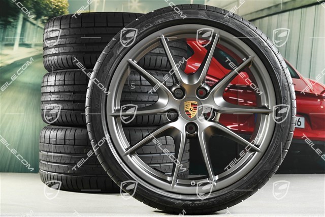 20-inch Carrera S summer wheel set, Platinum (silk gloss), 8J x 20 ET57 + 9,5J x 20 ET45 + NEW Pirelli summer tyres 235/35 ZR20 + 265/35 ZR20, with TPM