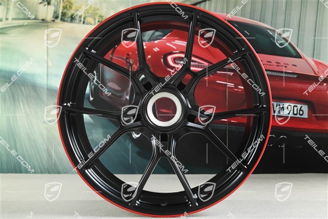 20" GT3 Felge, 9,5J x 20 ET46, Schwarz Eeidenmatt + Felgenrand in Rot