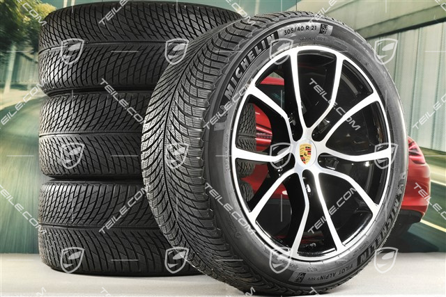 21-inch Cayenne COUPE Exclusive Design winter wheel set, rims 9,5J x 21 ET46 + 11,0J x 21 ET49 + NEW Michelin Pilot Alpin 5 SUV winter tyres 285/45 R21 + 305/40 R21, with TPMS, black high gloss