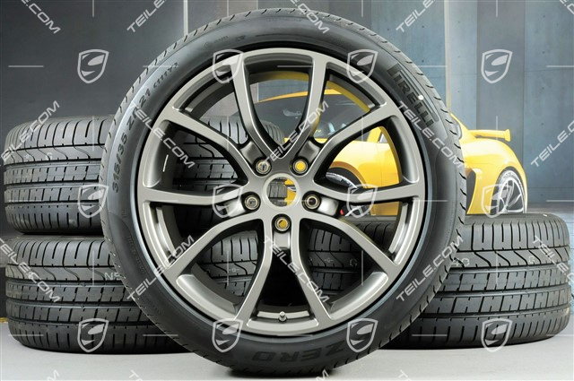 21-inch Cayenne Exclusive Design summer wheel set, rims 9,5J x 21 ET46 + 11,0J x 21 ET58 + NEW Pirelli P Zero summer tyres 285/40 R21 + 315/35 R21, with TPMS, Platinum satin matt