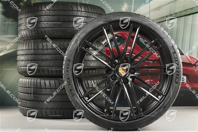 22" koła letnie Cayenne Coupé Turbo IV, komplet, felgi 10J x 22 ET48 + 11,5J x 22 ET52 + NOWE opony letnie Pirelli P Zero 285/35 R22 + 315/30 R22, z czujnikami ciśnienia, czarny satynowy półmat