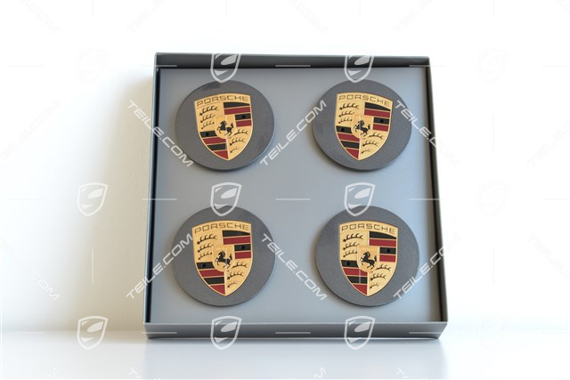 Radzierdeckel Satz (4 Stück), in Dekorsilber Titan mit farbigem Porsche Wappen, für 20" Carrera Classic Räder