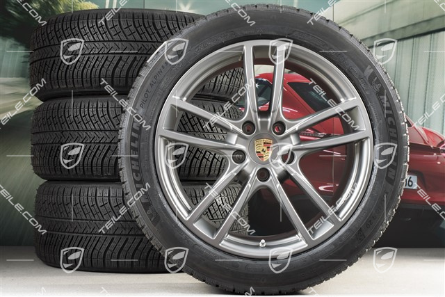20" koła zimowe Cayenne Sport, komplet, felgi 9J x 20 ET50 + 10,5J x 20 ET64 + opony zimowe Michelin 275/45 R20 + 305/40 R20, z czujnikami ciśnienia, Platinum satynowy półmat