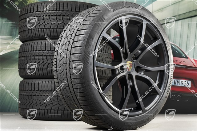 21-inch Cayenne COUPE Exclusive Design winter wheel set, rims 9,5J x 21 ET46 + 11,0J x 21 ET49 + NEW Continental winter tyres 275/40 R21 + 305/35 R21, with TPMS,  black satin-mat