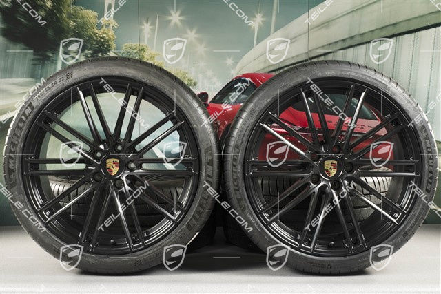 22" koła letnie Cayenne Coupé Turbo IV, komplet, felgi 10J x 22 ET48 + 11,5J x 22 ET52 + NOWE opony letnie Pirelli P Zero 285/35 R22 + 315/30 R22, z czujnikami ciśnienia, czarny satynowy półmat