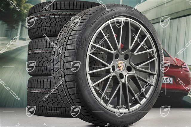 21-inch Cayenne RS Spyder winter wheel set, rims 9,5J x 21 ET46 + 11,0J x 21 ET58 + NEW Continental winter tyres 275/40 R21 + 305/35 R21, with TPMS, Platinum satin matt
