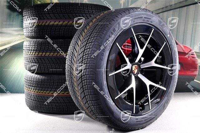 21" Cayenne RS Spyder Design Winterräder Satz, Felgen 9,5J x 21 ET16 + 11J x 21 ET37 + Goodyear UltraGrip Performance 3 SUV Winterreifen 275/45 R21 + 315/40 R21, schwarz hochglanz