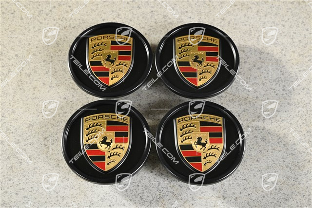 Radzierdeckel Satz (4 Stück), Schwarz seidenglanz mit farbigem Porsche Wappen