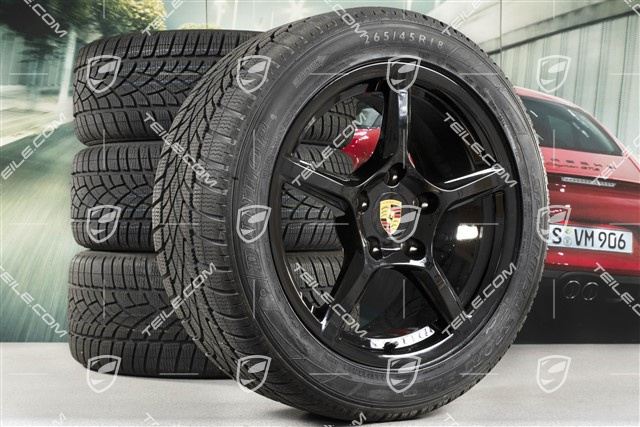 18" Boxster winter wheel set, 8J x 18 ET57 + 9J x 18 ET47 + NEW winter tyres Dunlop 235/45 R18 + 265/45 R18, black high gloss, without TPM