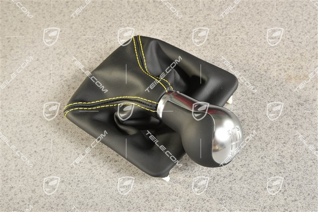 GT4, Gałka zmiany biegów z mieszkiem, czarna skóra z żółtą nicią, 6 biegów manual