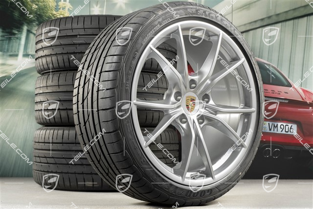 20" Carrera S summer wheels set, rims 8J x 20 ET57 + 10J x 20 ET45, GoodYear summer tires 235/35 ZR20 + 265/35 ZR20, silver, with TPMS