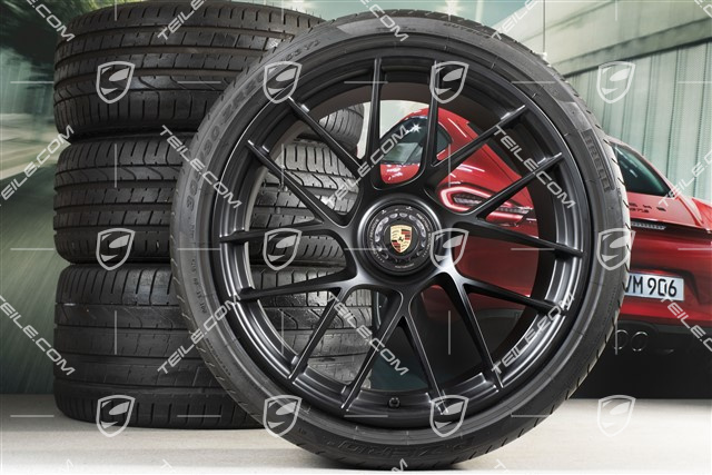 20" Sommerräder Satz Turbo Sport III für 991.2 GTS, Zentralverschluss, Felgen 9J x 20 ET51 + 12J x 20 ET63 + NEUE Sommerreifen 245/35 ZR20 + 305/30 ZR20, seidenglanz schwarz matt