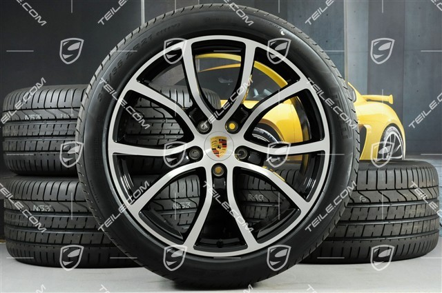 21-inch Cayenne COUPE Exclusive Design summer wheel set, rims 9,5J x 21 ET46 + 11,0J x 21 ET49 + Pirelli summer tyres 285/40 R21 + 315/35 R21, black high gloss, with TPMS