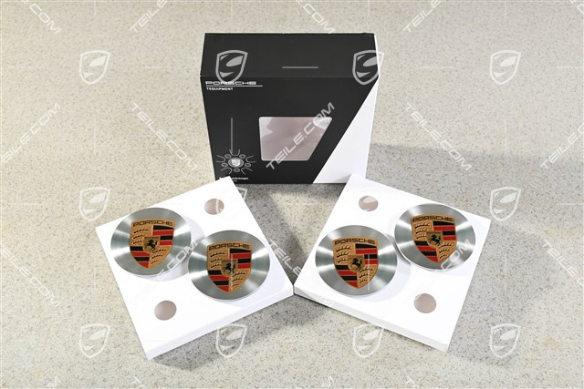 Radzierdeckel, konkav, Rotations-Schliff / glanzgedreht, Porsche Wappen t, 4er-Set