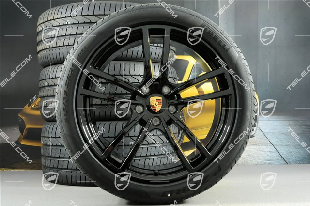 21" Cayenne Turbo Design Sommerräder Satz, Felgen 9,5J x 21 ET46 + 11,0J x 21 ET58 + Pirelli P Zero Sommerreifen 285/40 R21 + 315/35 R21, mit RDK-Sensoren, in Schwarz Hochglanz