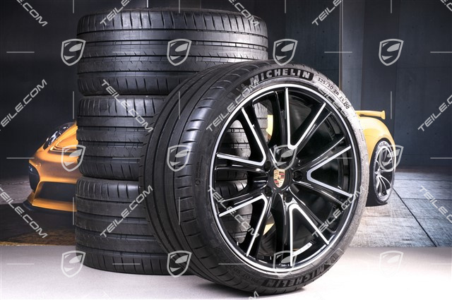 21-inch Panamera Exclusive Design summer wheel set, rims 9,5J x 21 ET71 + 11,5J x 21 ET69 + Michelin summer tires 275/35 ZR21 + 325/30 ZR21, black, with TPM