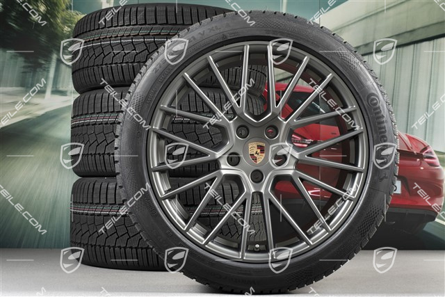 21-inch Cayenne RS Spyder winter wheel set, rims 9,5J x 21 ET46 + 11,0J x 21 ET58 + NEW Continental winter tyres 275/40 R21 + 305/35 R21, with TPMS, Platinum satin matt